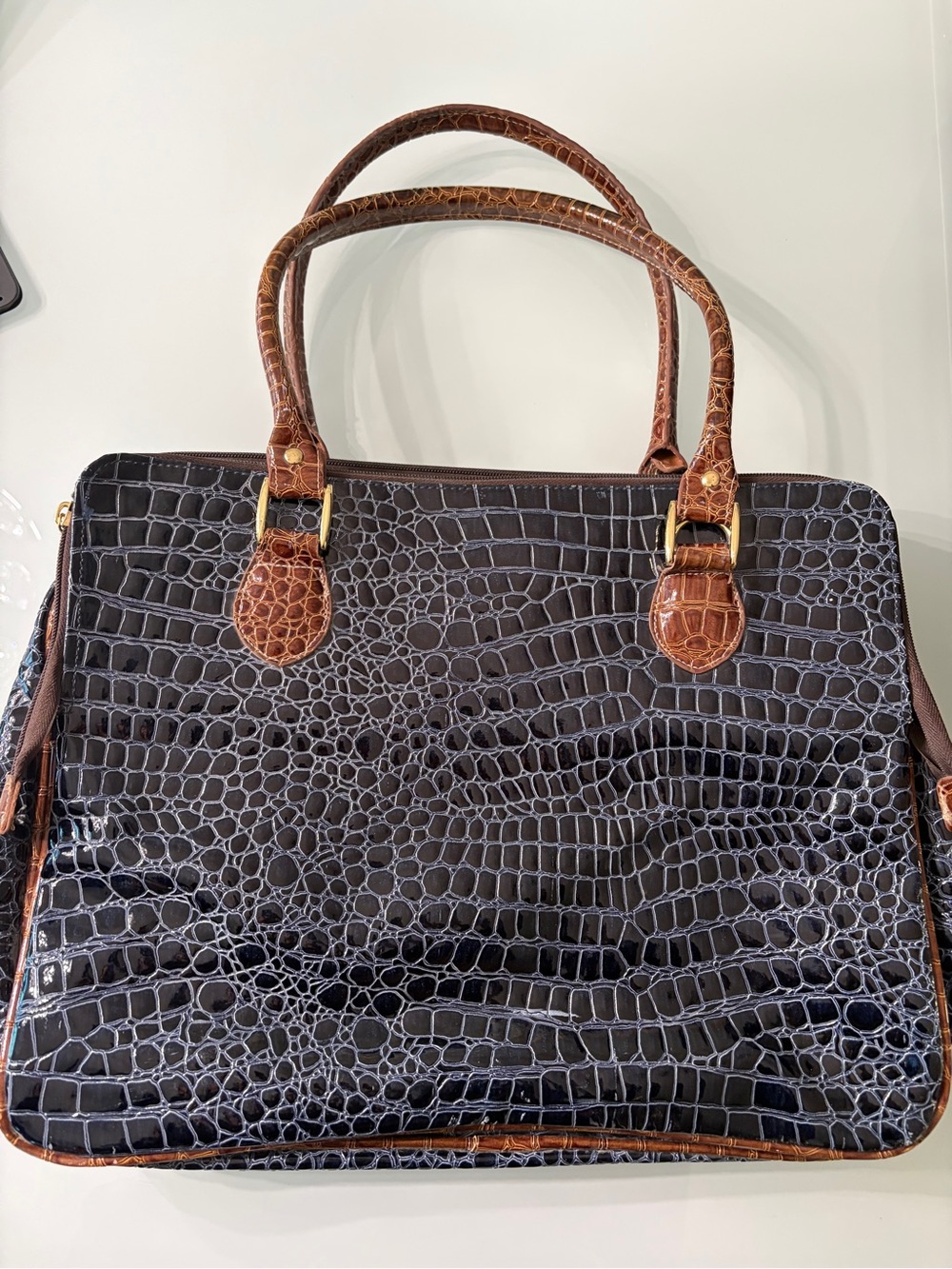Samantha Brown Two-Tone Croc-Embossed Laptop Bag in Navy and Brown - Picture 2 of 8